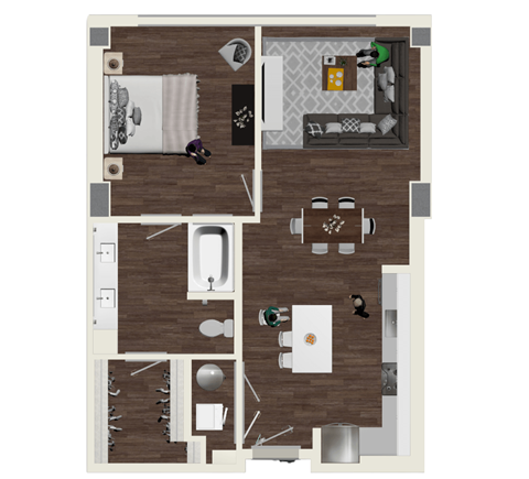 Floor plan for 1 bed, 1 bath, 842 sqft